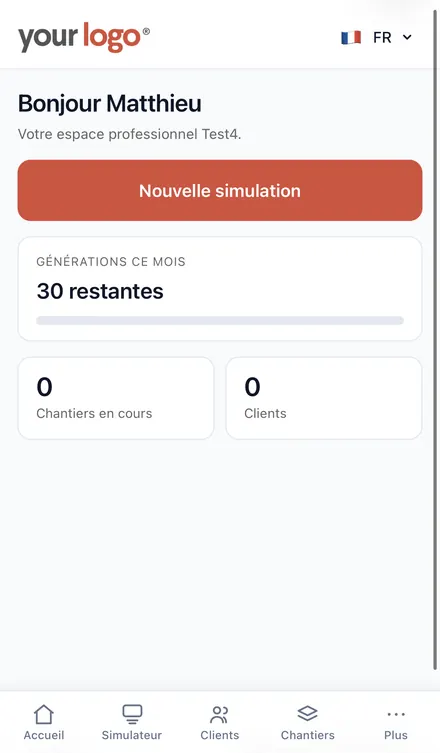 Tableau de bord de l'application Pro